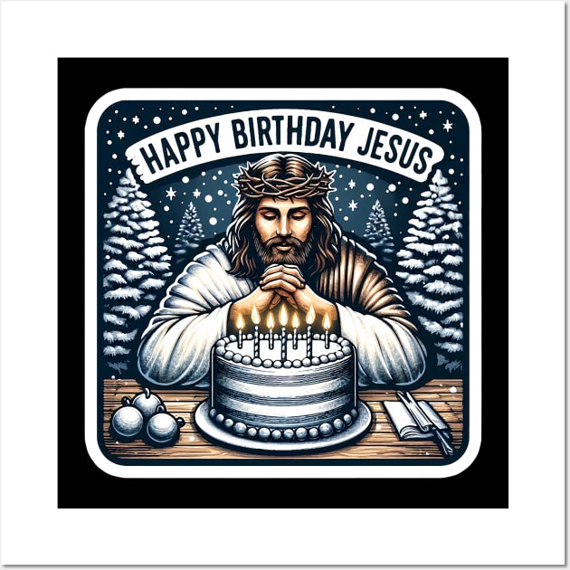 Happy Birthday Jesus Make A Wish Birthday Cake White Christmas Snowing Crown of Thorns Wall Art by Plushism